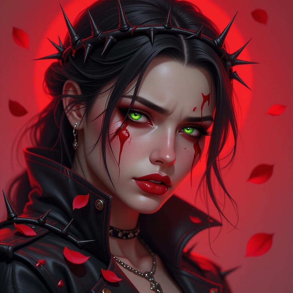 Gothic Fantasy Fighter with Thorn Wounds and Glowing Eyes