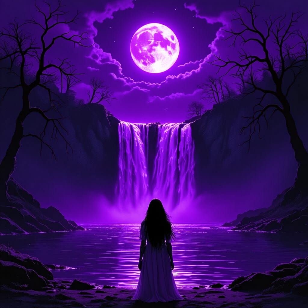 Woman Gazes at Moonlit Waterfall in Barren Landscape