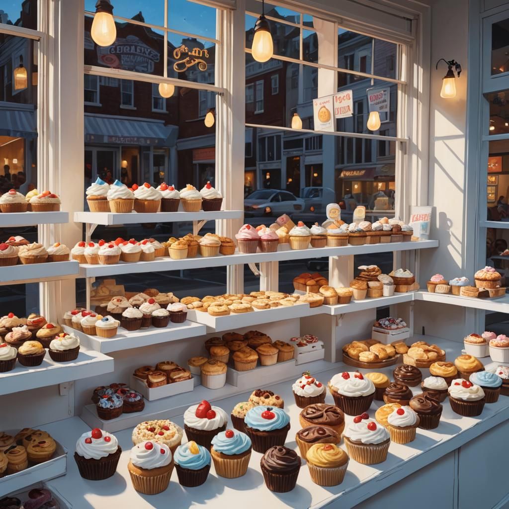 Hyperrealistic Bakery Display on Main Street at Dusk