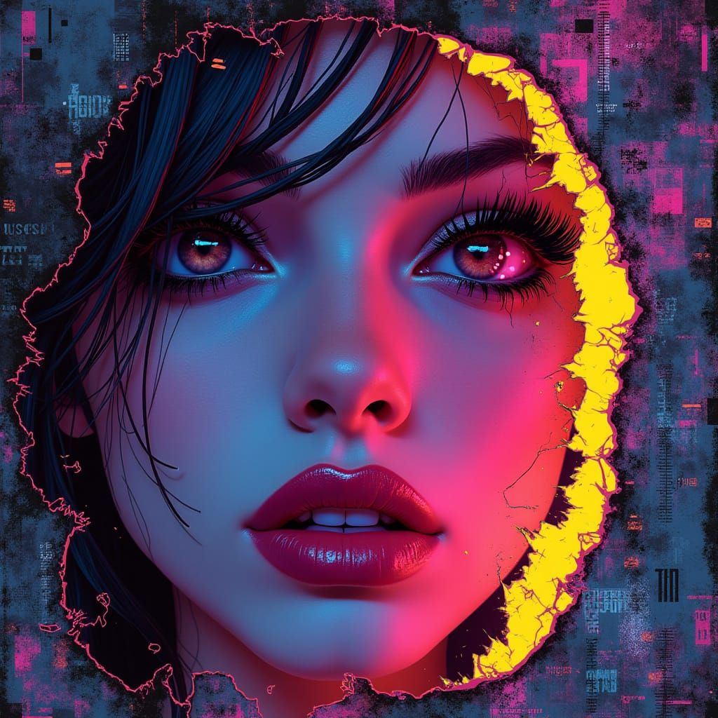 Cyberpunk Woman Peeks Through Glitch Screen