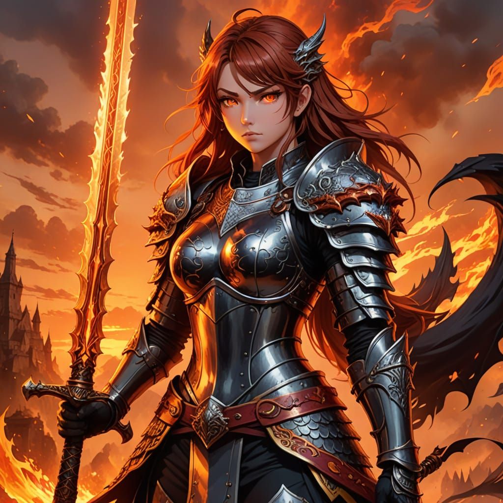 Anime Female Warrior with Dragon Armor and Sword