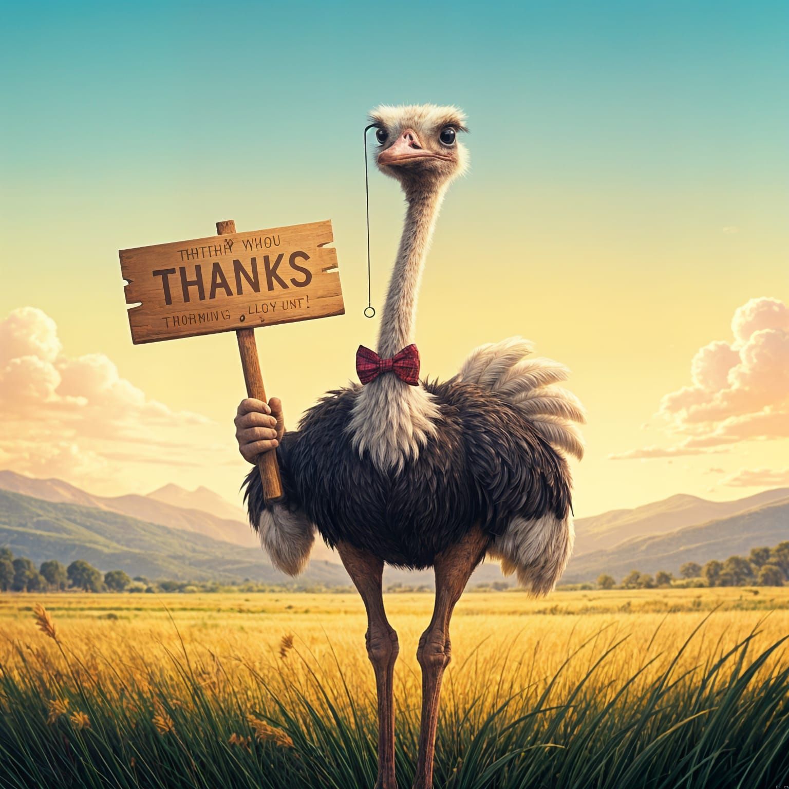 Anthropomorphic Ostrich Holds "Thanks" Sign