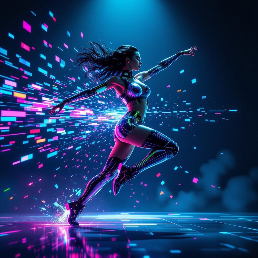 Cyberpunk Woman Dissolving into Digital Glitches