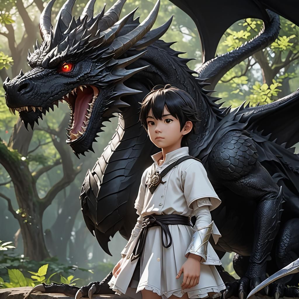 Friendly Black Dragon and White Magic Child in Anime Style