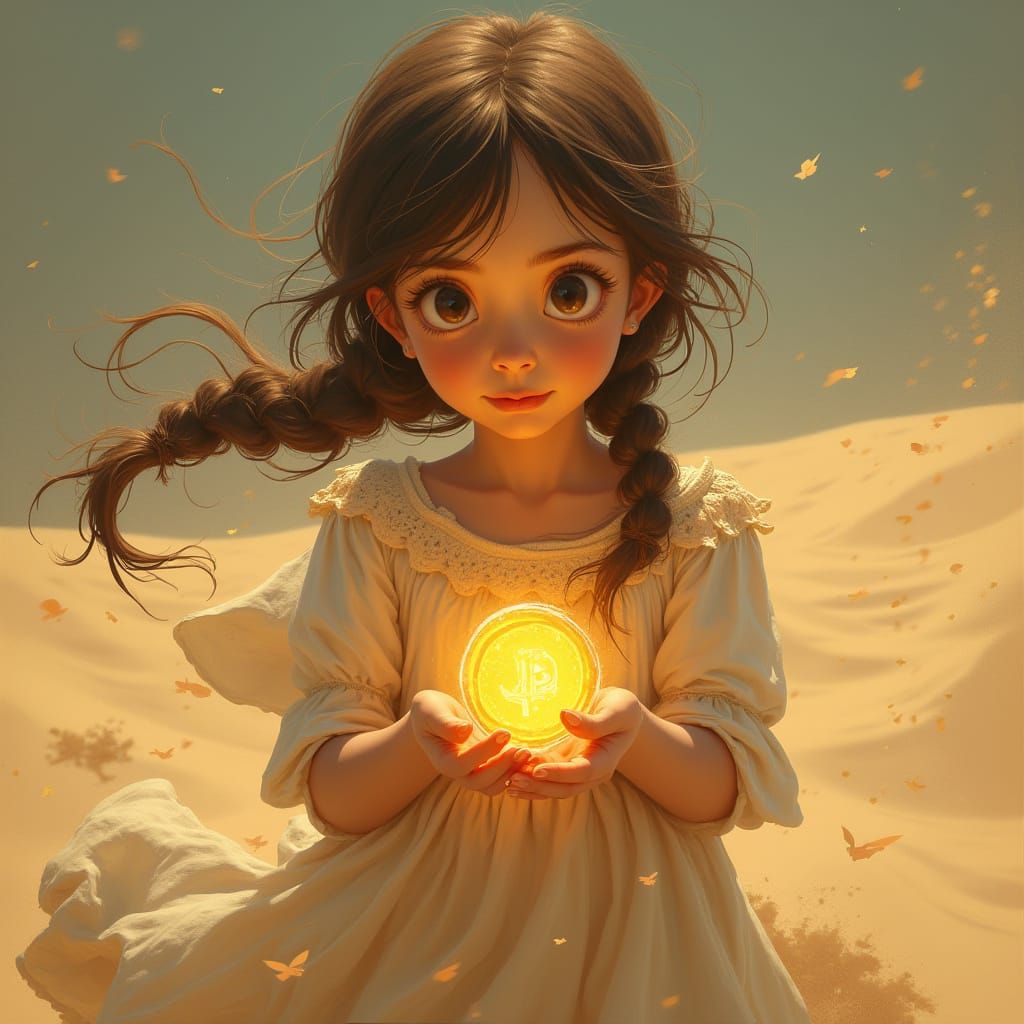 Girl with Glowing Coin in Magical Setting