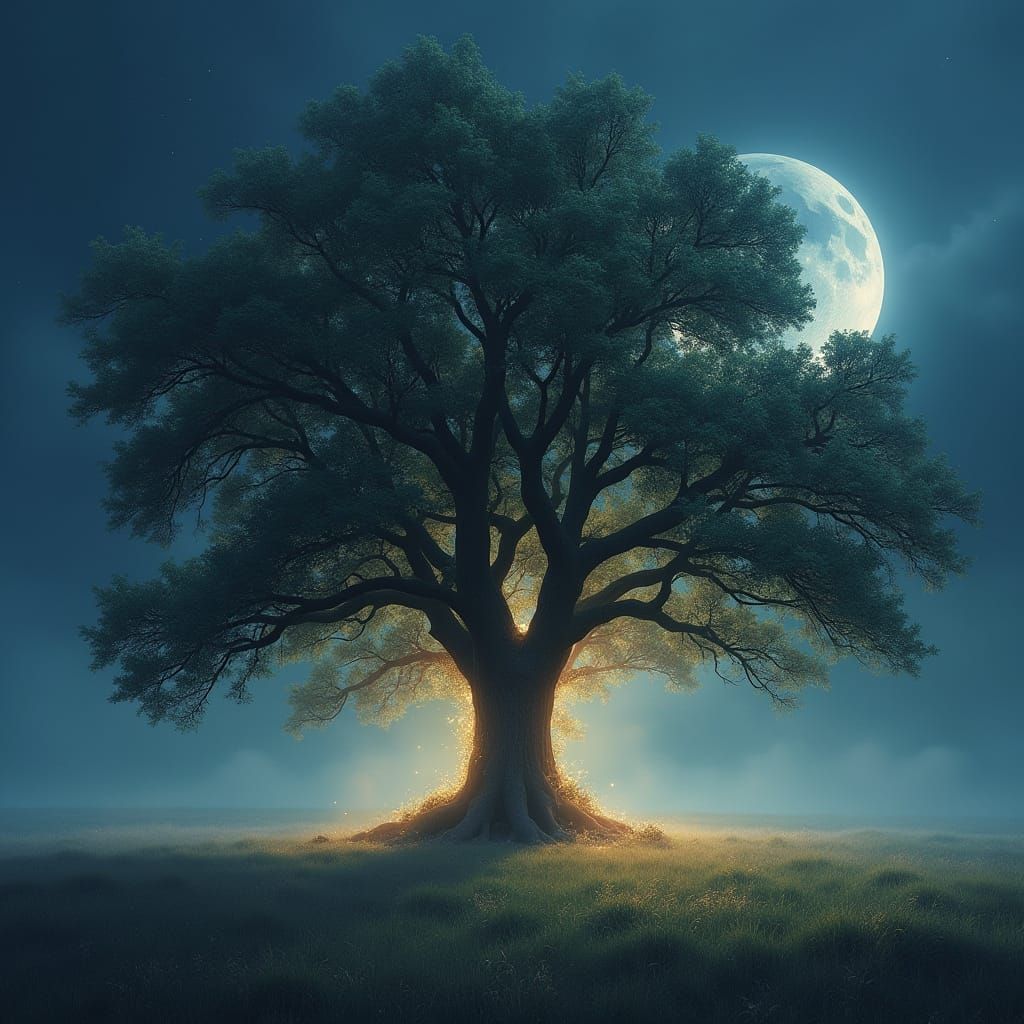 Ethereal Oak Tree in Glowing Mist under Crescent Moon