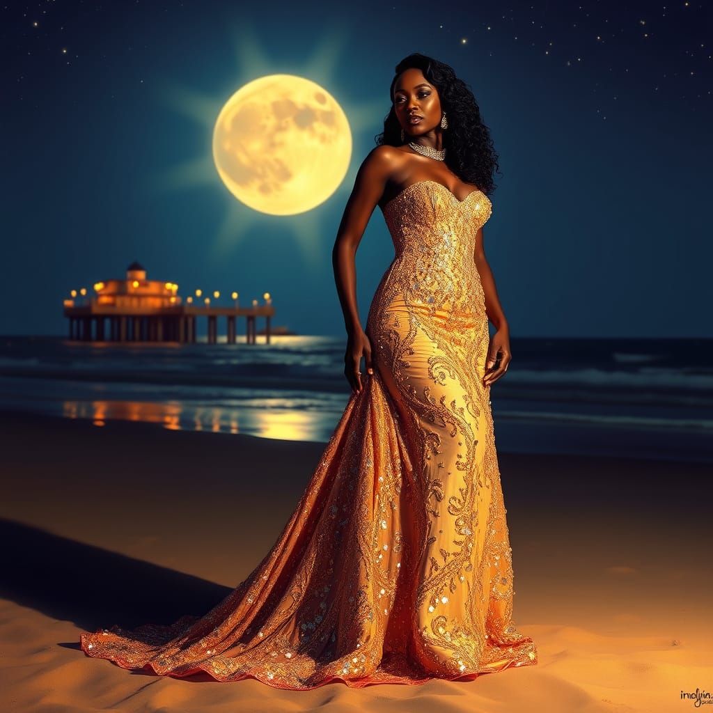 Regal Black Woman in Moonlit Evening Gown