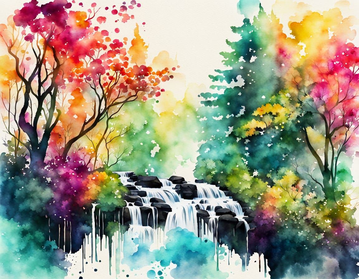 Vibrant Watercolour Vines Dancing in a Waterfall Forest