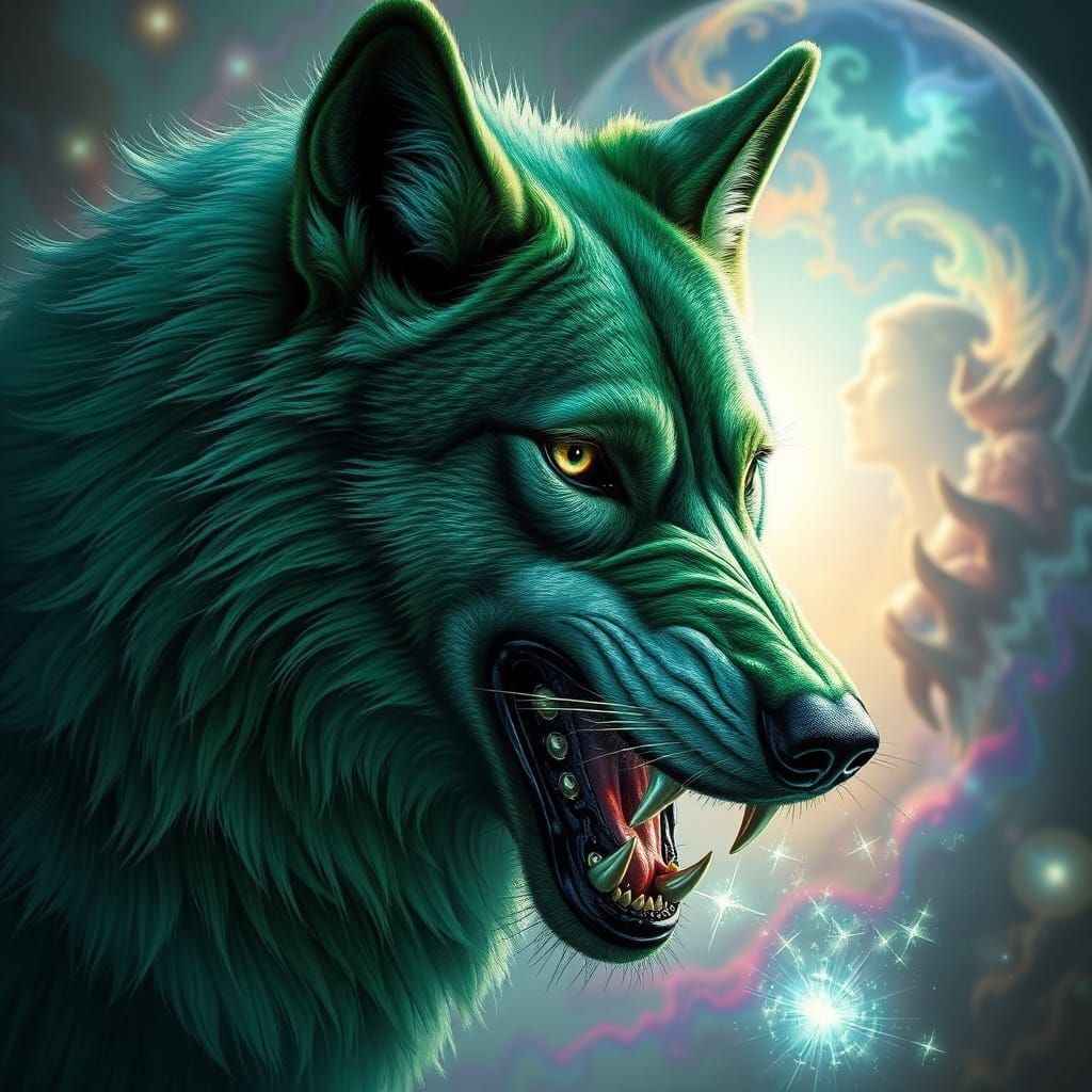Majestic Green Wolf Devours Heavenly Souls in Ethereal Aura