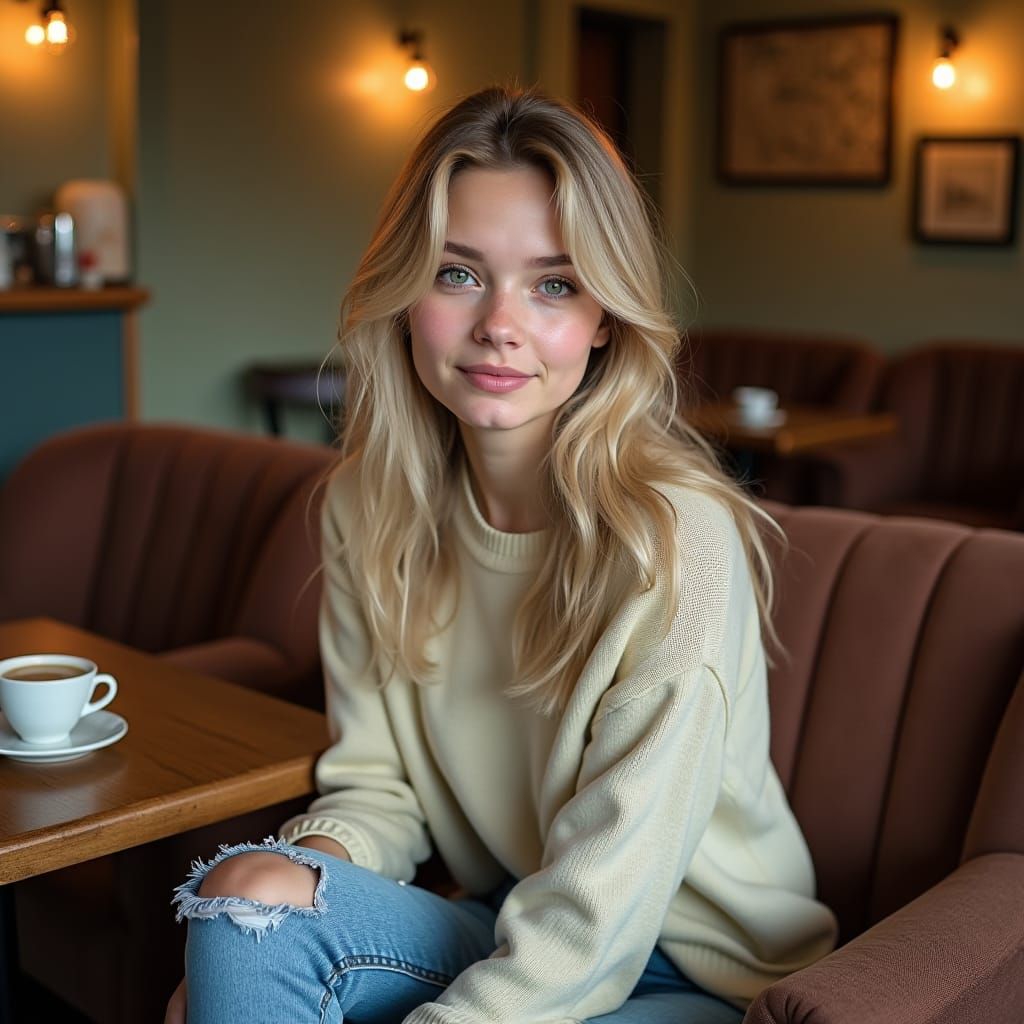 Young Woman in Cafe with Ash Blonde Hair