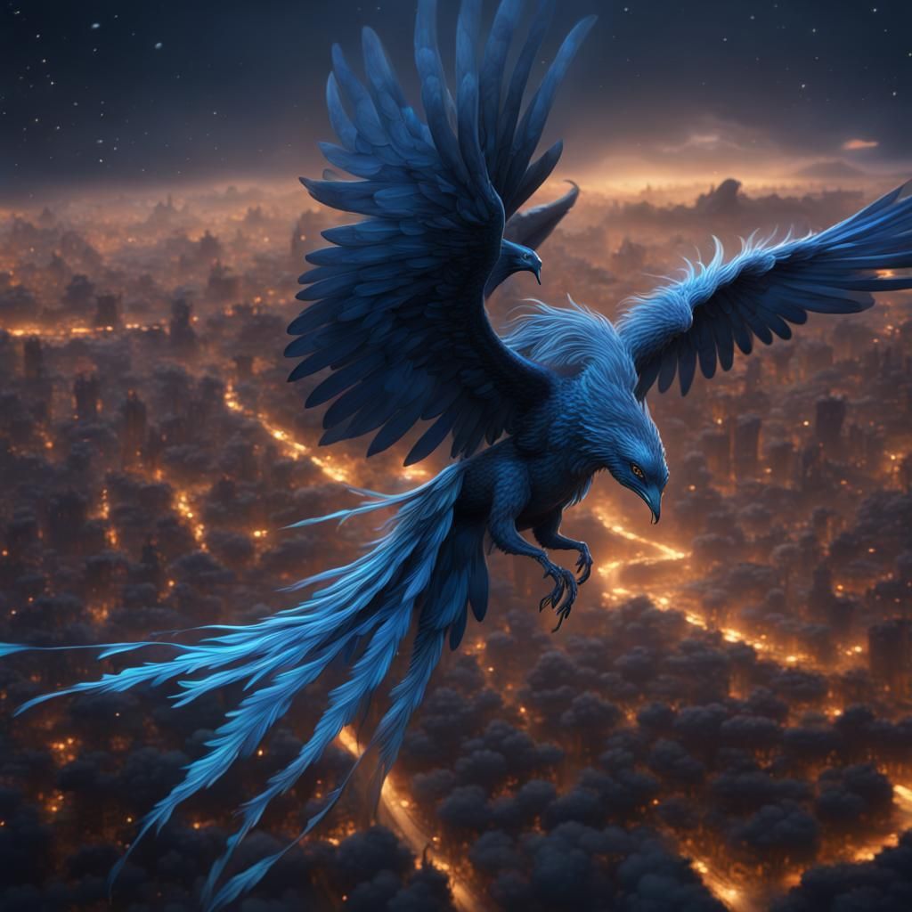 Blue Phoenix Soaring at Night: Fantasy Concept Art