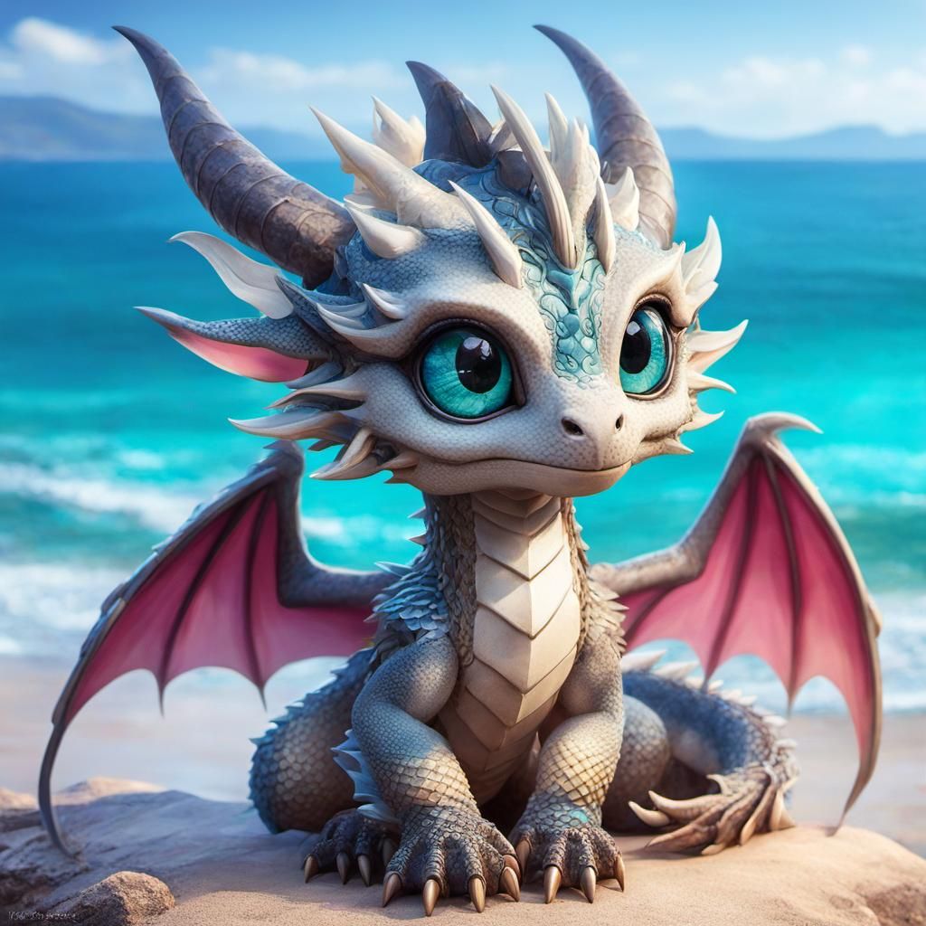Adorable Dragon Portrait by the Ocean, Anime Style