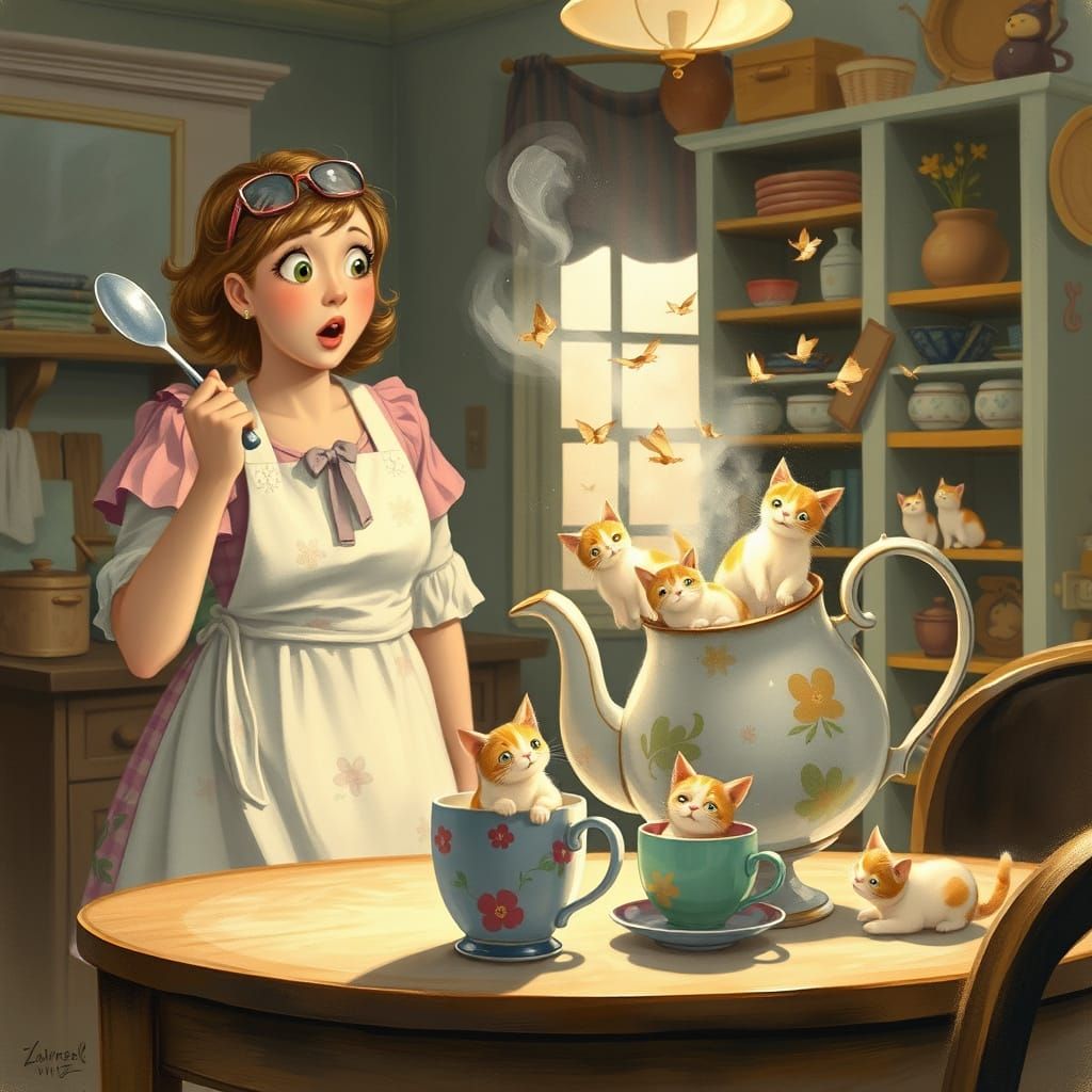 Magical Teapot Creates Sugar Cats in Whimsical Scene