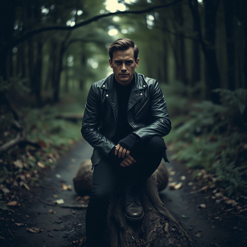 Moody Man in Forest: Hyperrealistic Vintage Aesthetic