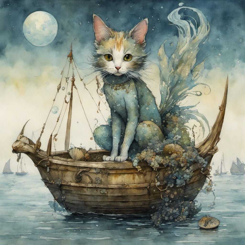 Enchanting Cat Mermaid Watercolour Illustration
