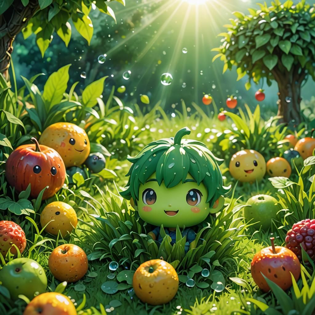 Chibi Fruits in a Hyperrealistic Garden at Dawn
