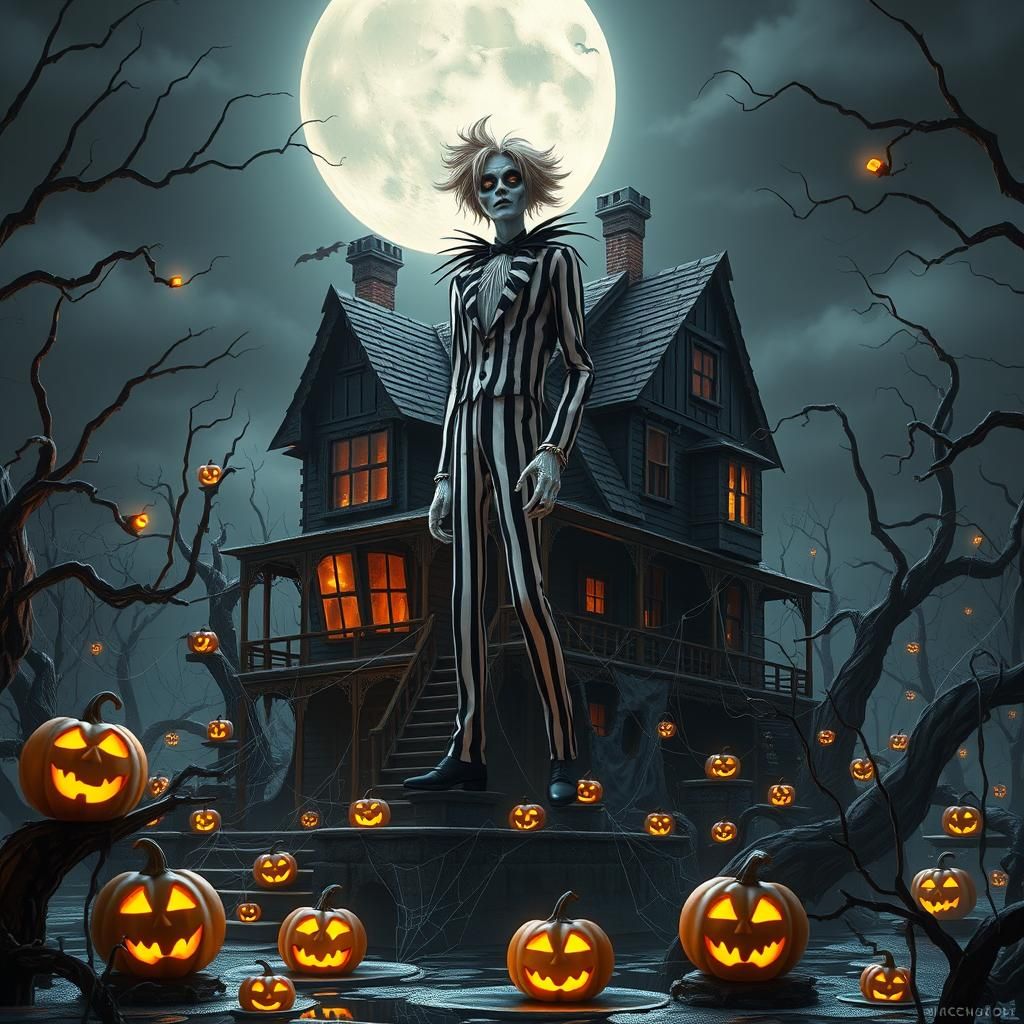 Beetlejuice on Haunted House in Halloween Landscape