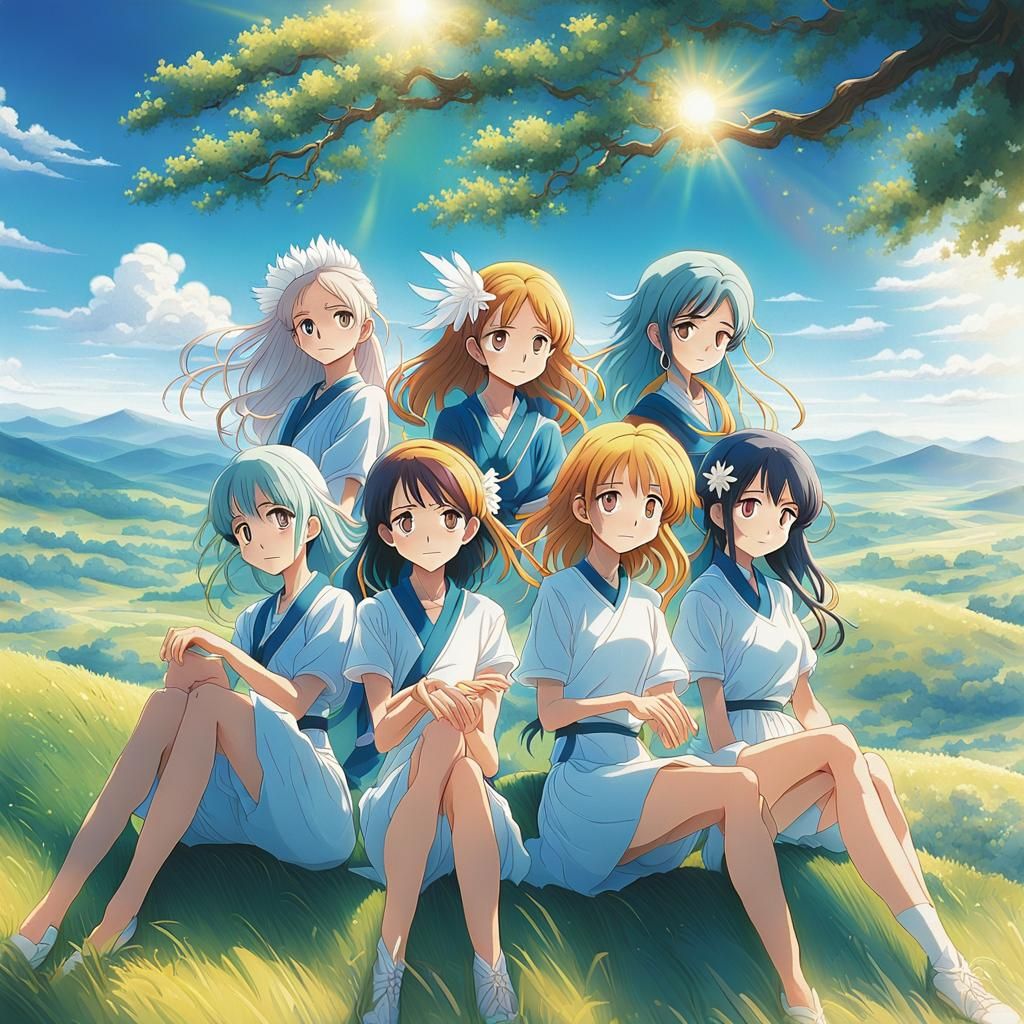 Anime Key Visual of Four Friends on a Hill