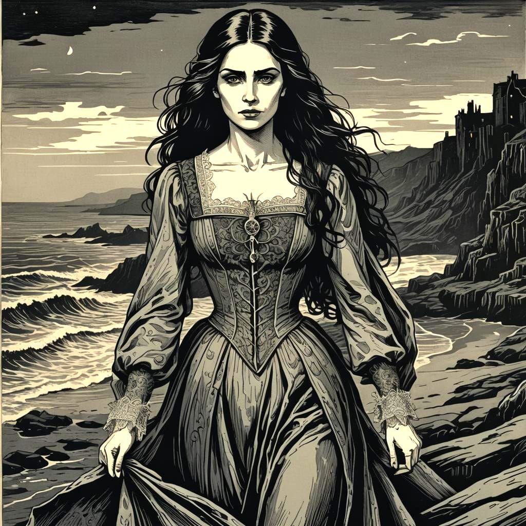 Mina Murray at Night: Woodcut Horror Portrait