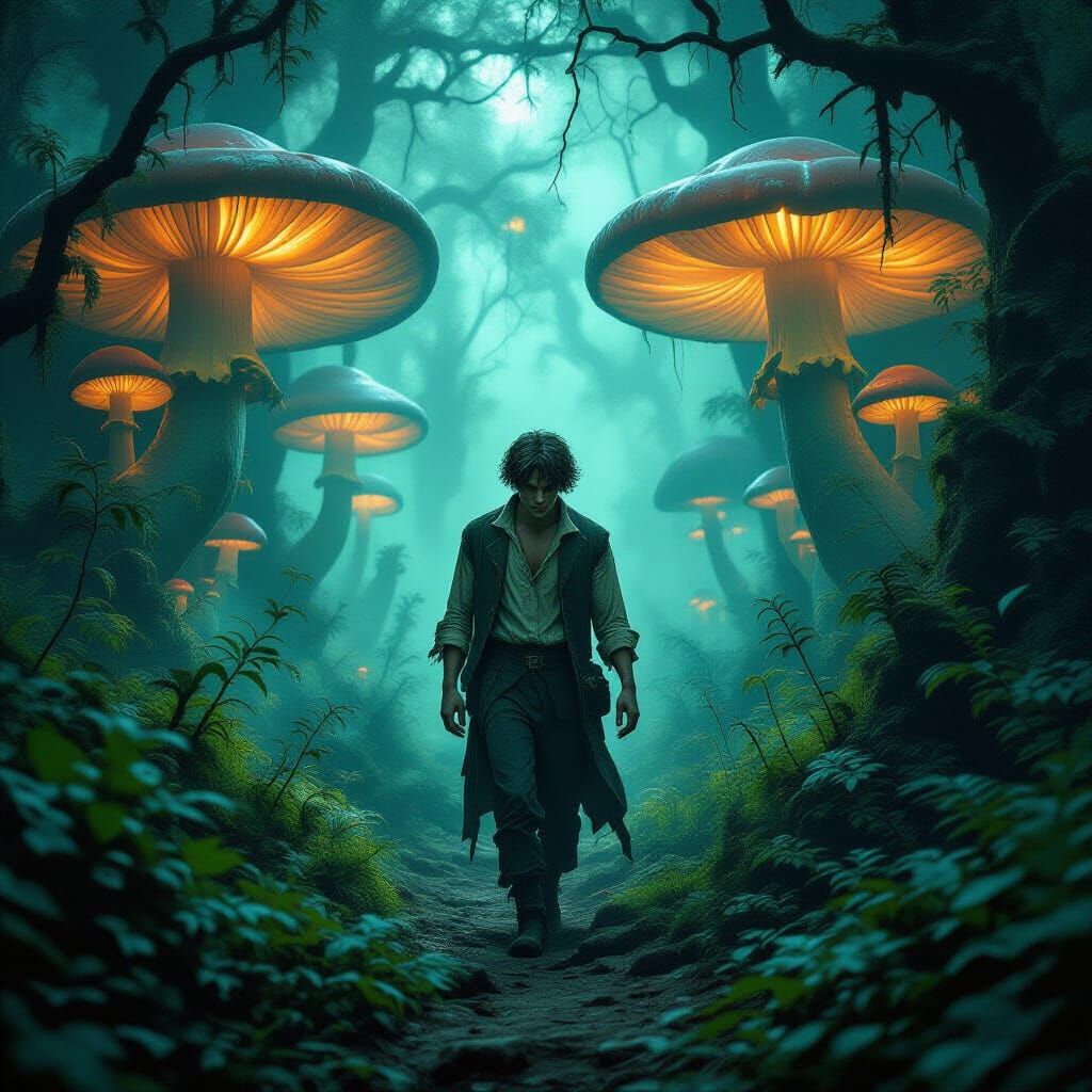 Haunted Wanderer in Bioluminescent Forest