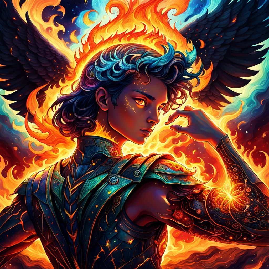 Holographic Cosmic Fire Illustration in Mixed Media Style