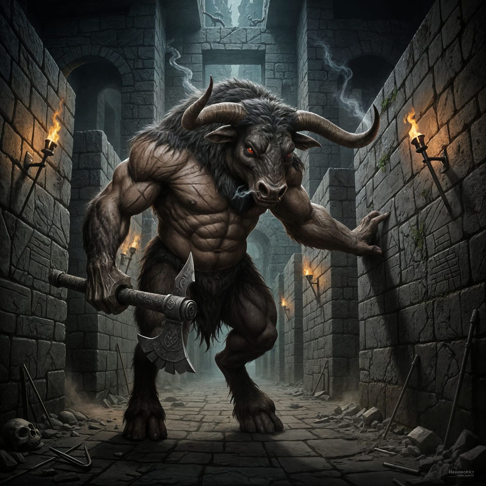 Terrifying Minotaur in Ancient Stone Labyrinth