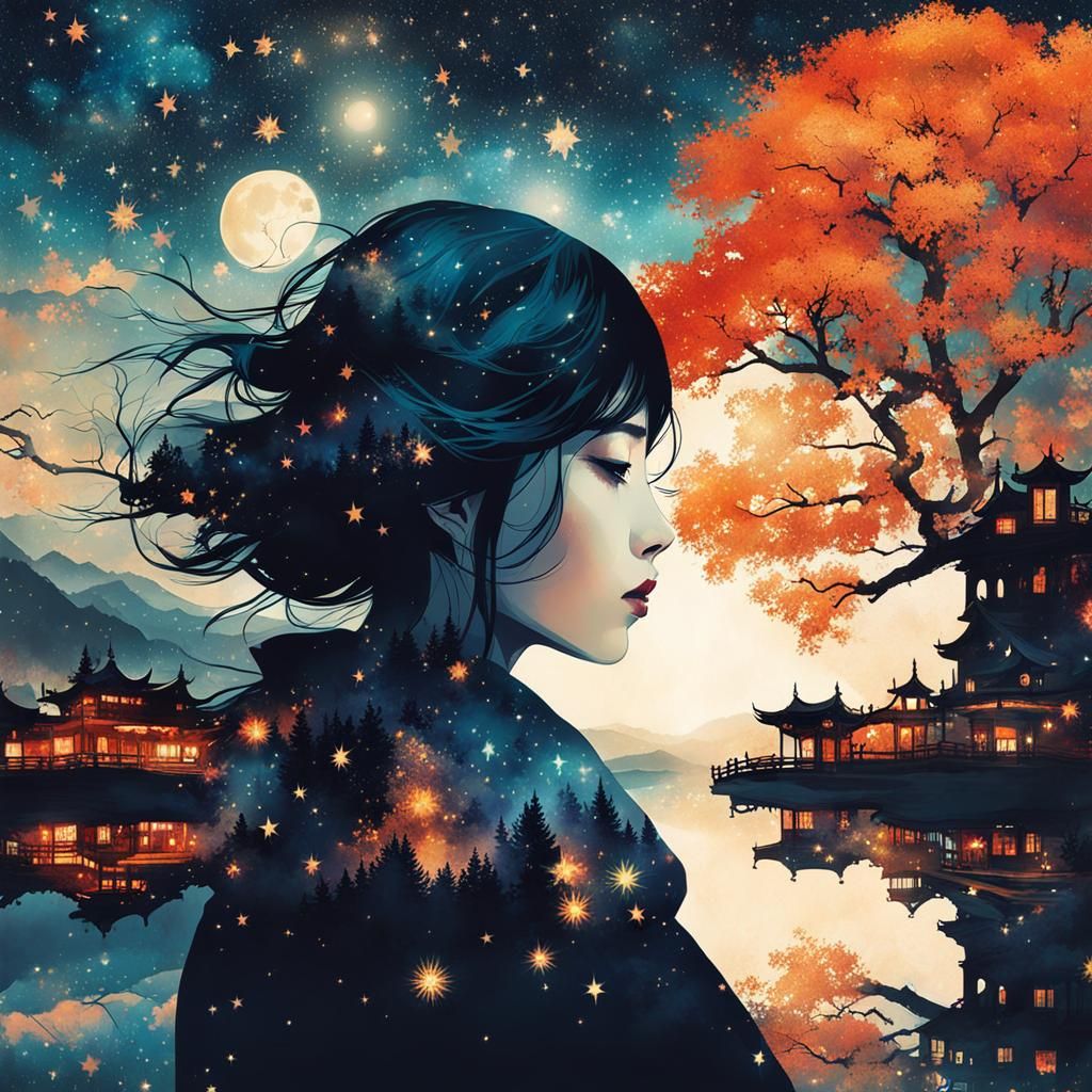 Manhwa Woman in Double Exposure Fantasy Landscape