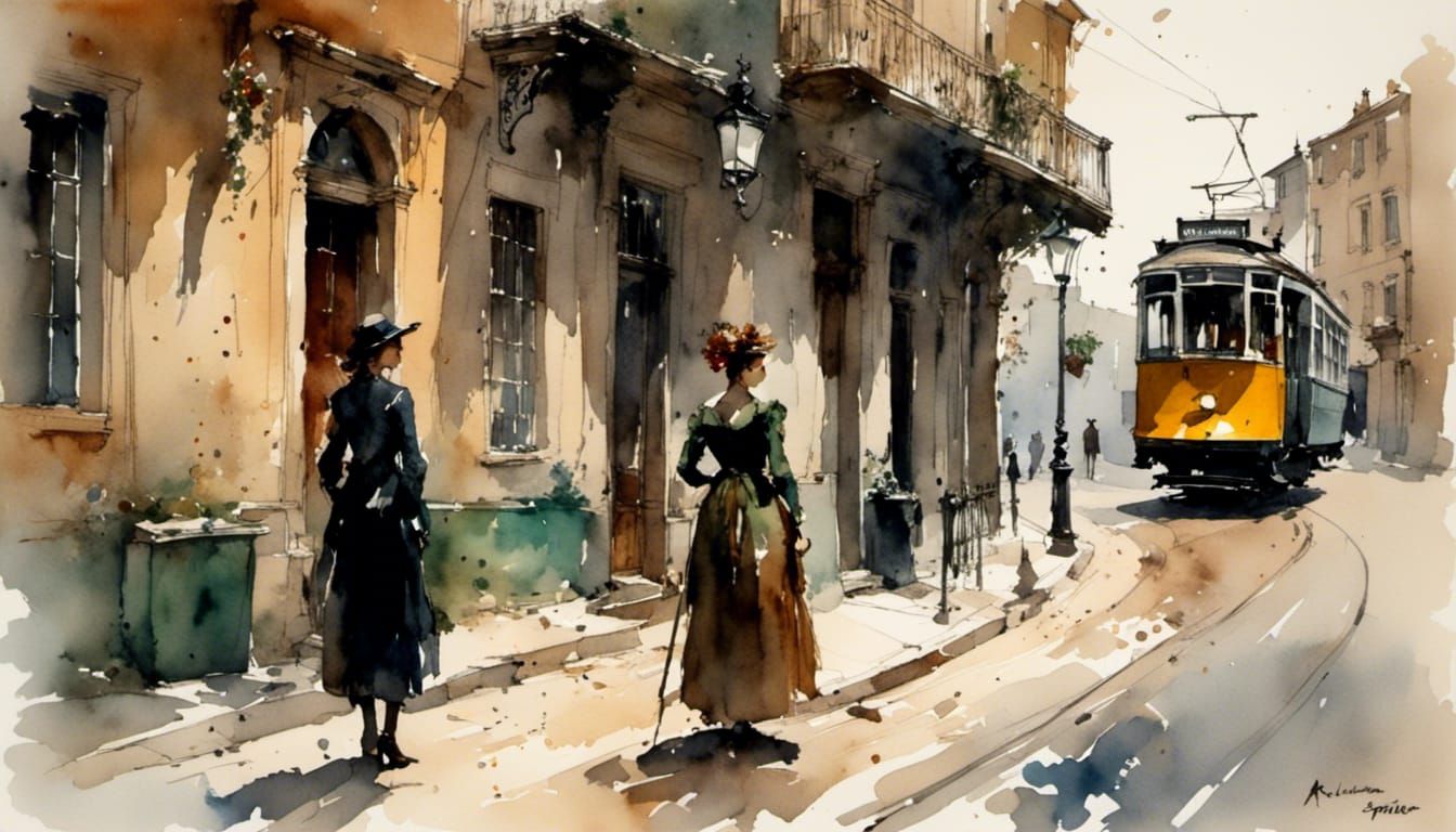 Woman Under Streetlight in Lush Watercolor Style