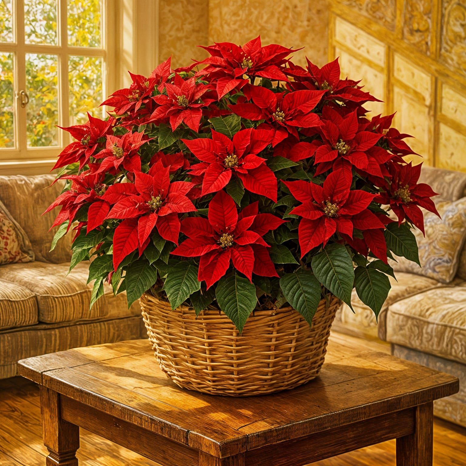 Vibrant Red Poinsettias in a Living Room, Impressionist Styl...