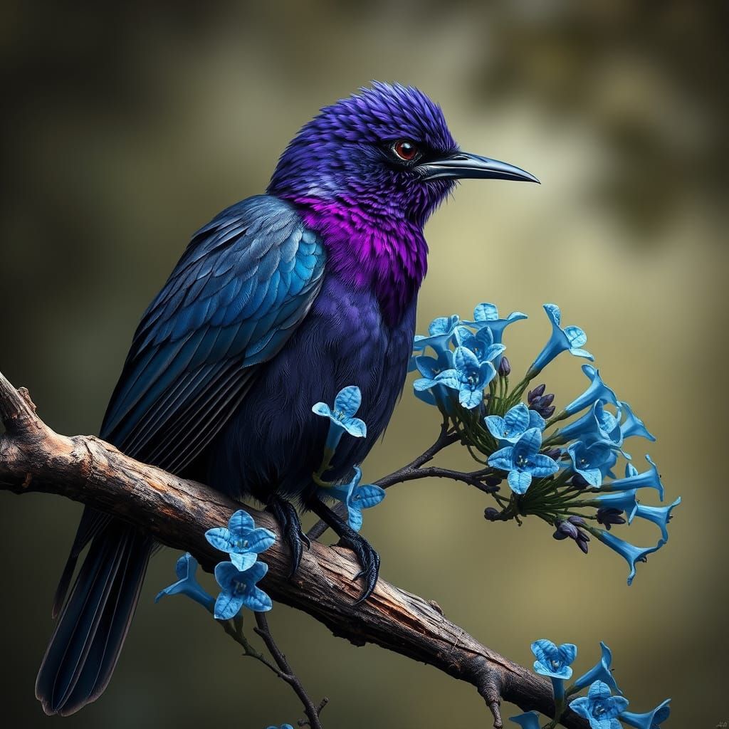 Purple Bird on Branch in Botanical Art Style