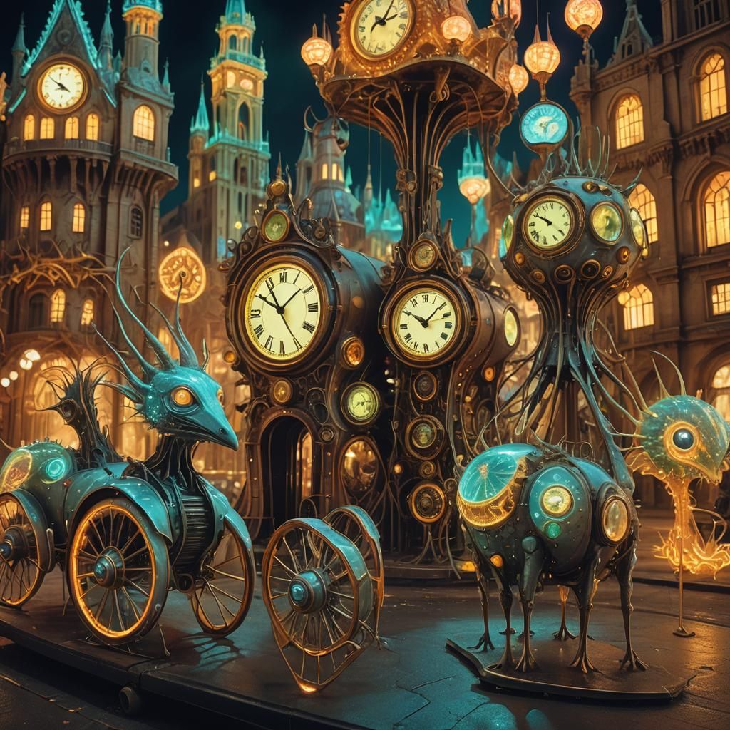 Surreal Neon Creatures in Futuristic Cityscape