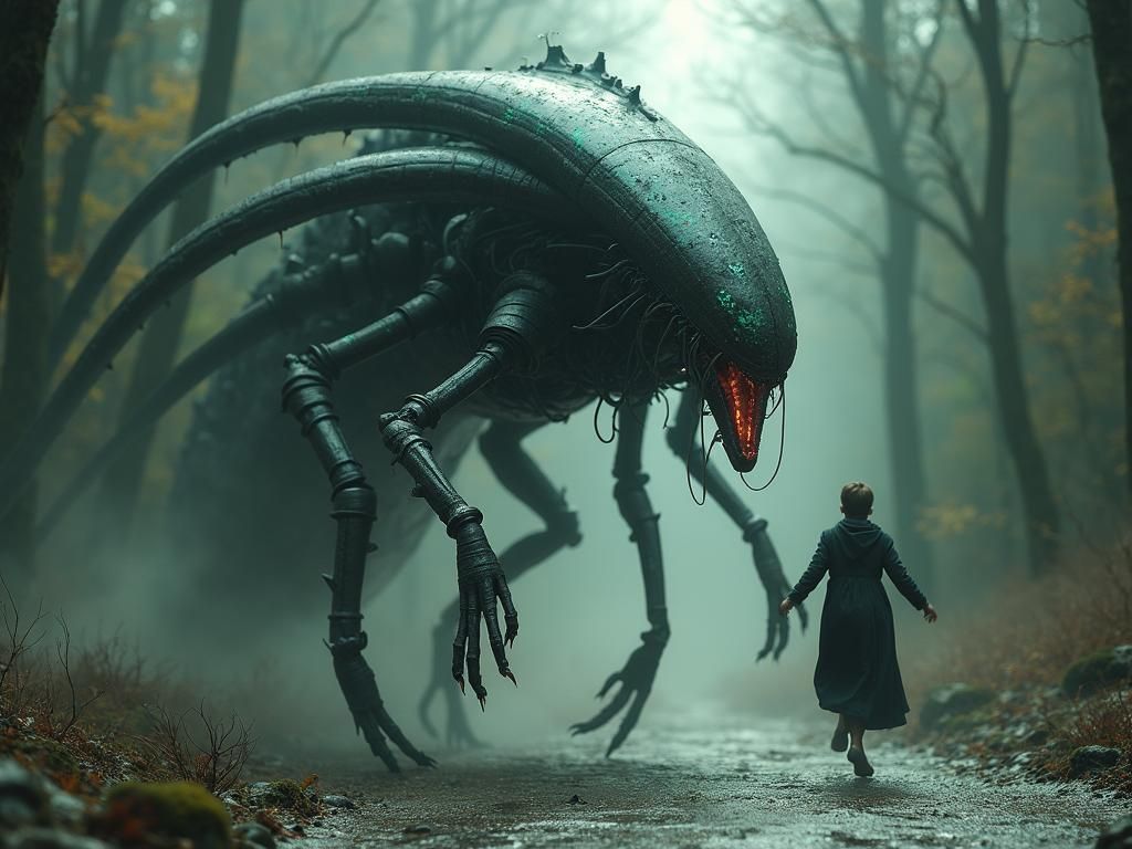 Metallic Creature Ready to Strike in Biomechanical Style