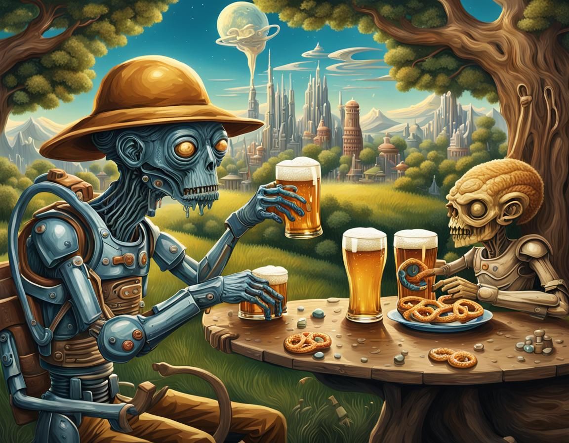 Surreal Beer Garden with Cyborg and Alien
