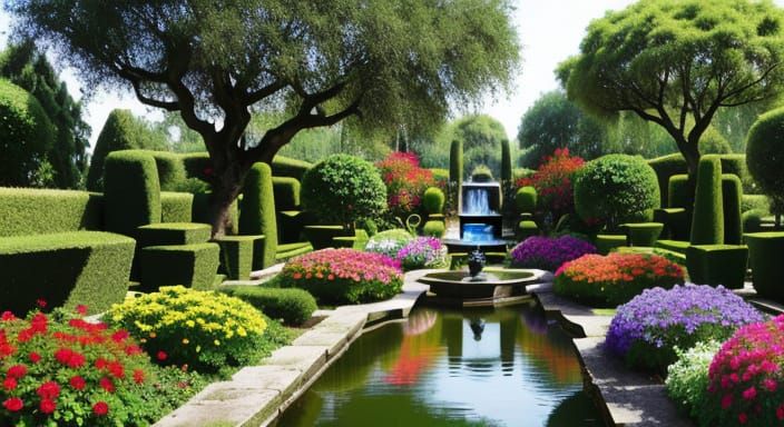 Vibrant Spring Garden Scene with Lush Arbours and Water Feat...