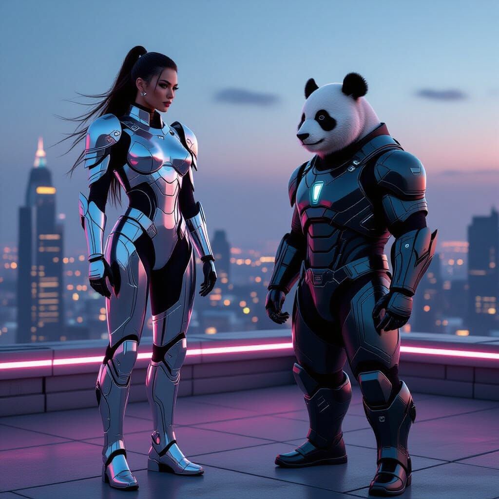 Cyberpunk Warrior Model Meets Cyborg Panda on Neon Rooftop