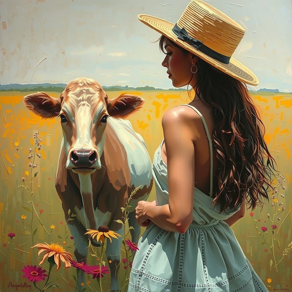 Impressionist Woman and Cow in Wildflower Field