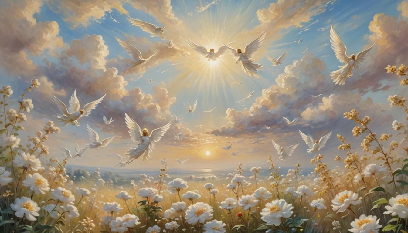 Angels in Paradise Garden with Cotton Clouds