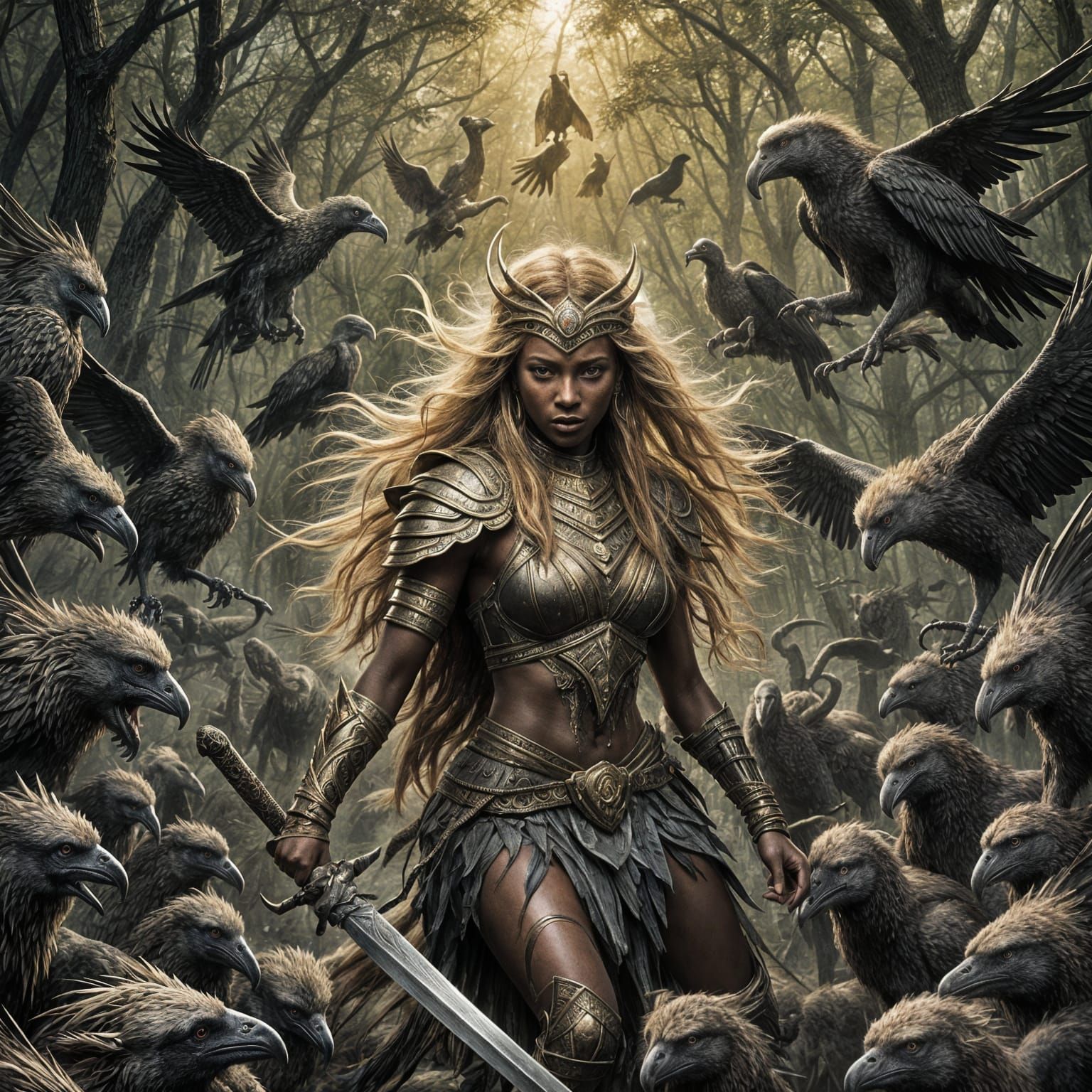 Golden long hair African fairy warrior fighting legion of vu...