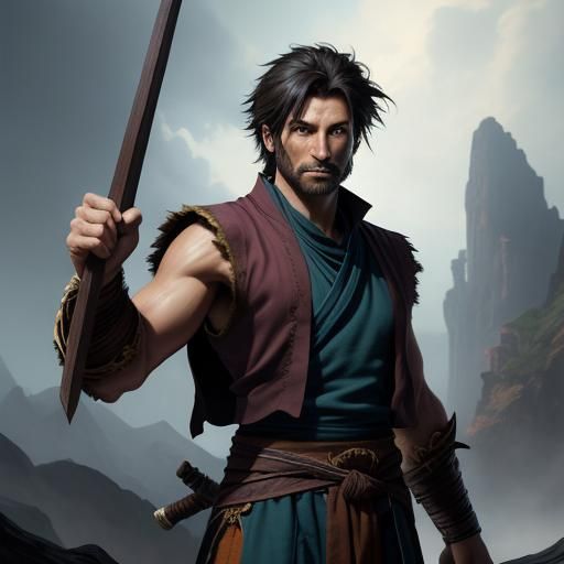Monk Fighter with Quarterstaff: Fantasy Art