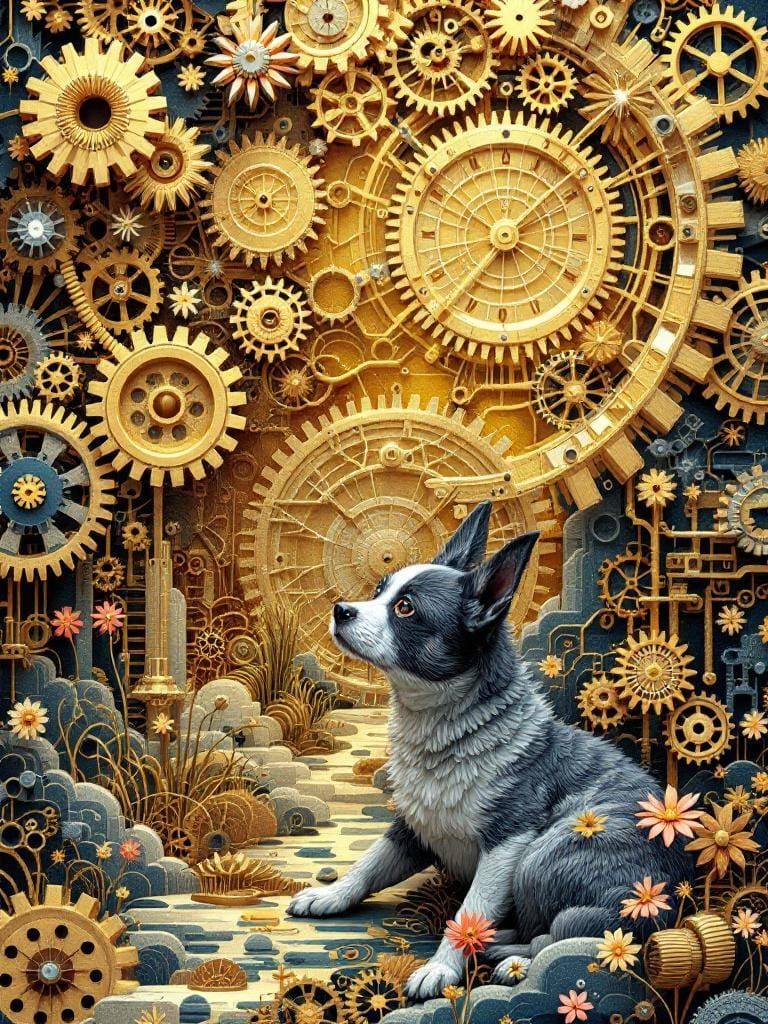 Steampunk Dog in Sun, Dimensional Papercraft Art
