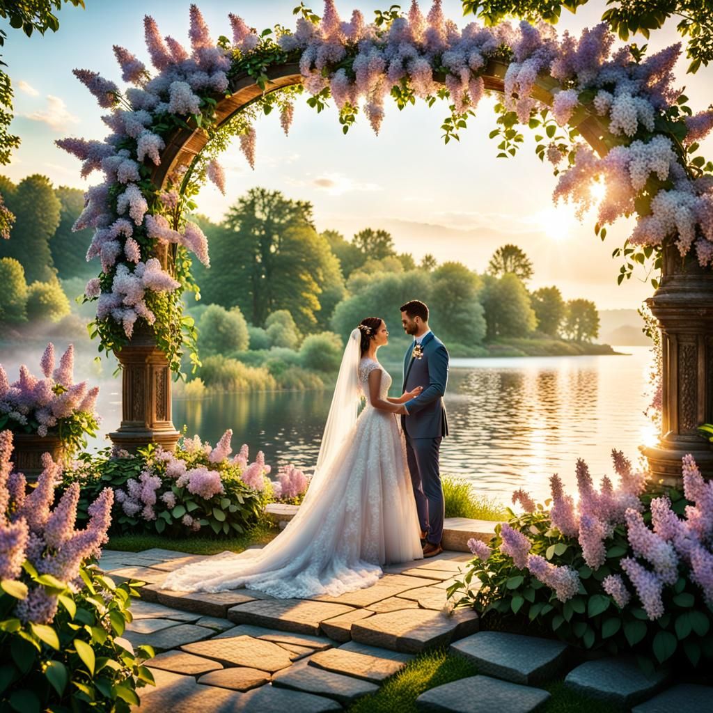 Lakeside Wedding with Lilac Arch in Cinematic Style