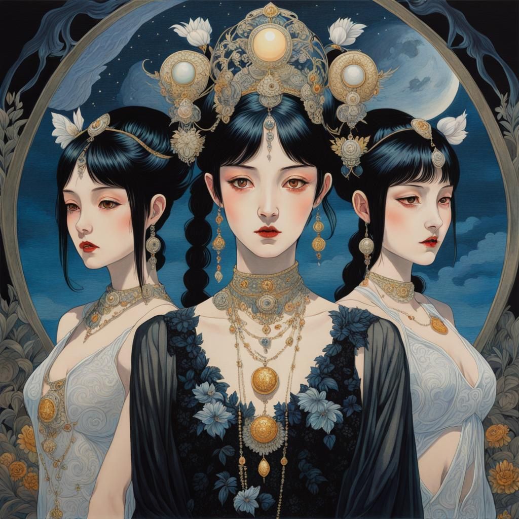 Three-Headed Hecate in Dark Fantasy Anime Style