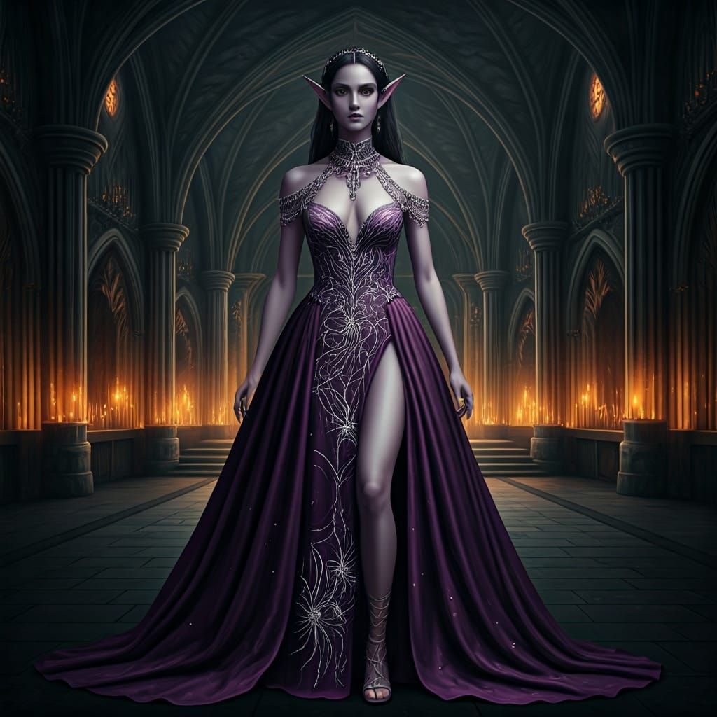 Elegant Dark Elf Gown with Spider Mandala Embroidery