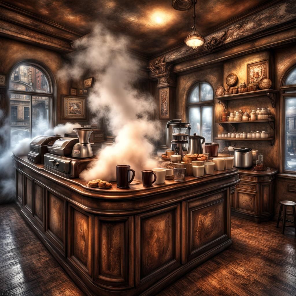 Smoky Coffee Shop Scene in Hyperrealistic Style