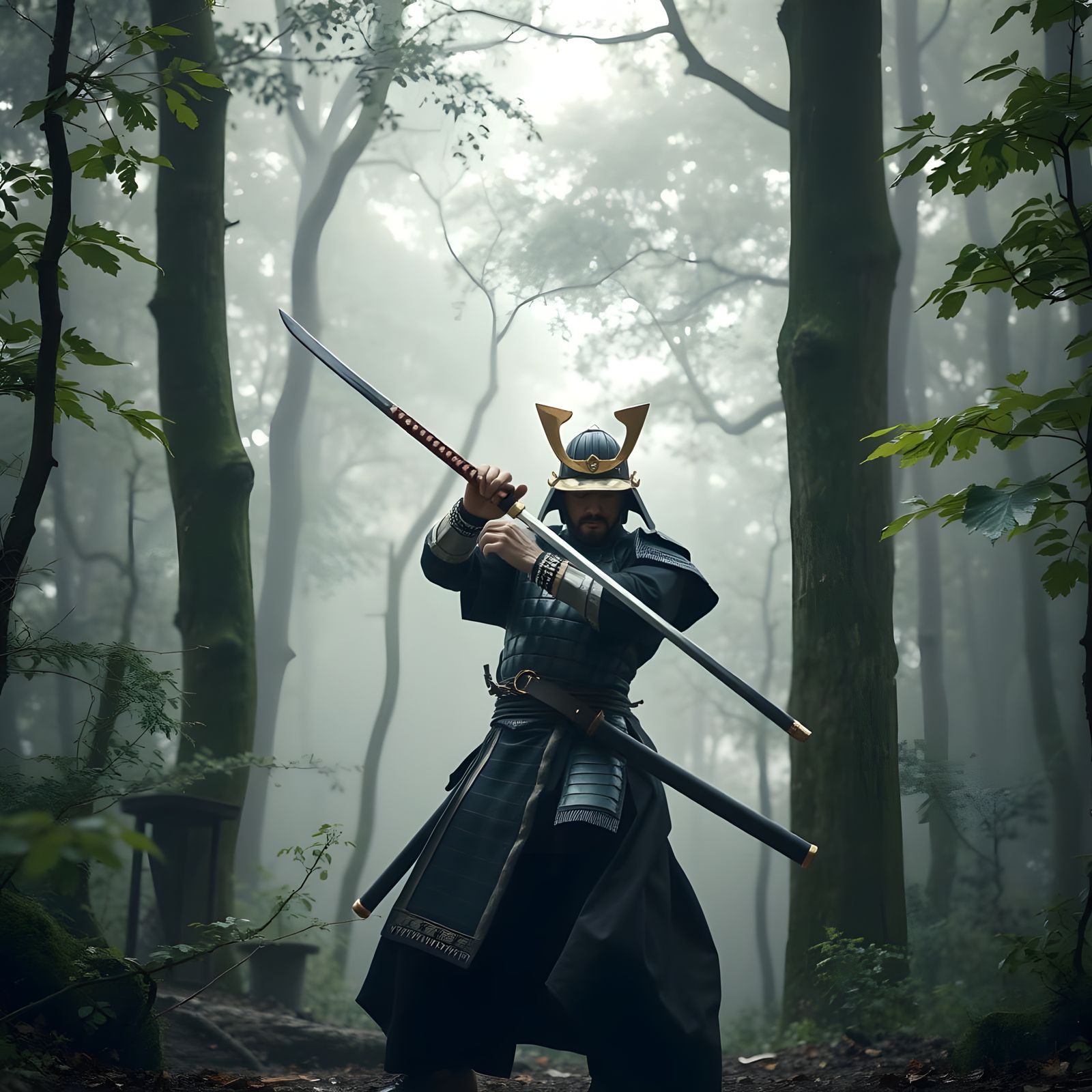 Edo Era Samurai in Forest Landscape with Soft Diffused Light