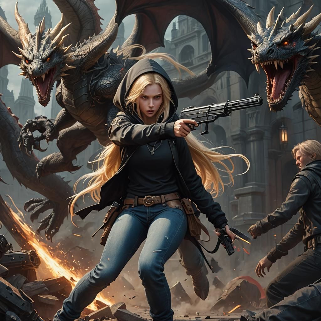 Woman Versus Dragon with Submachine Gun, Dark Fantasy Art