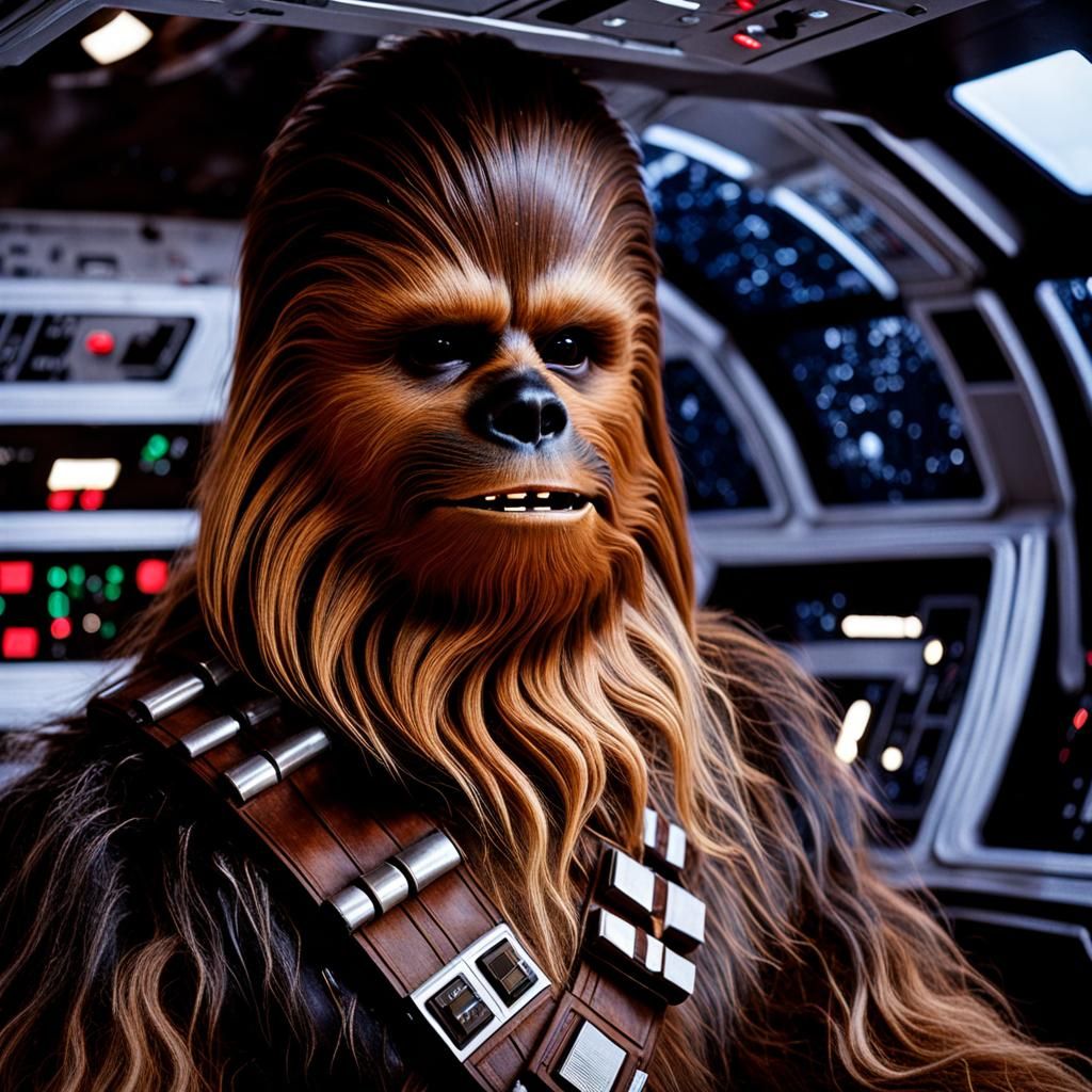 Photorealistic Chewbacca Aboard Millennium Falcon in Space