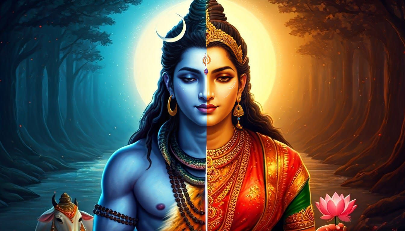 Modern Digital Ardhanarishvara with Shiva and Parvati