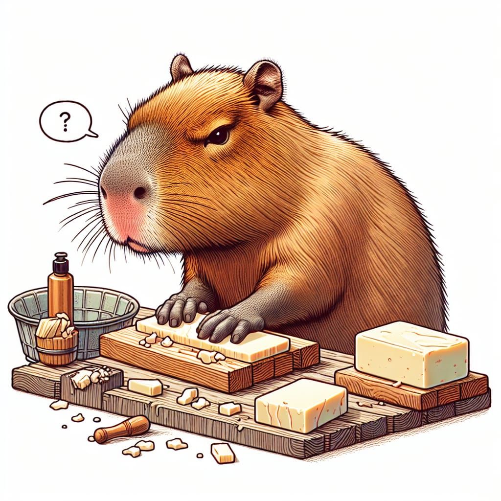 Annoyed Capybara Making Soap on Wooden Plank