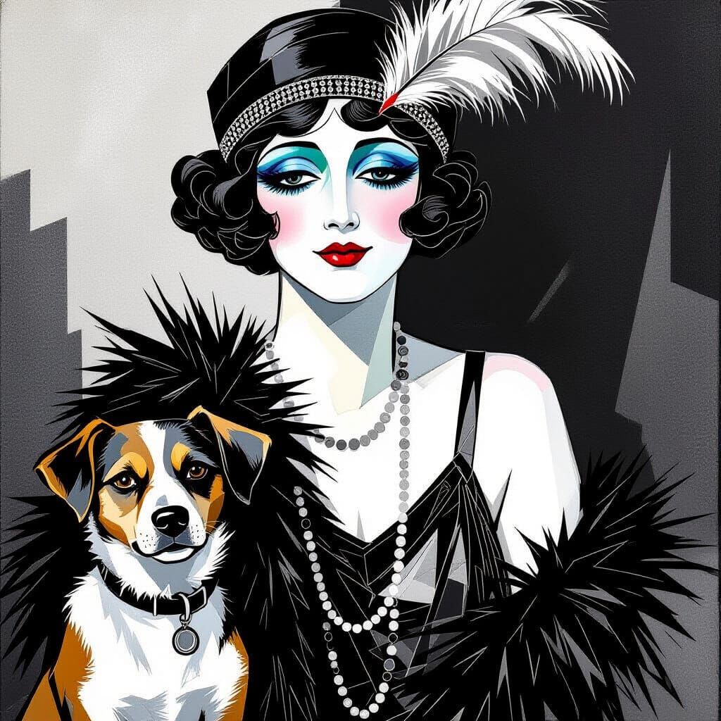 1920s Flapper Dancer and Dog in German Expressionist Style